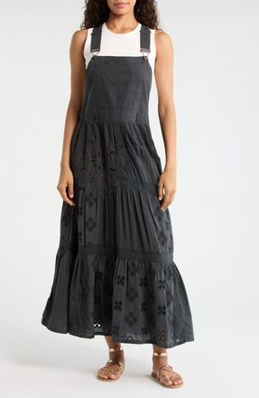 Lucky Brand Cutwork Detail Cotton Overall Maxi Dress in Raven at Nordstrom, Size Xx-Large