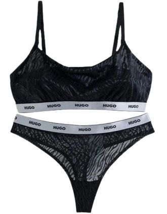 HUGO BOSS Womens Classic Logo Lace Bra & Thong Gift Set, Black/silver - Black/Black - Size: XXL