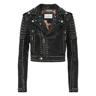 Philipp Plein Vintage Leren Cropped Bikerjack met Noppen - Dames - Leren en Su&egrave;de Jassen - Zwart - L - Leer - Jassen