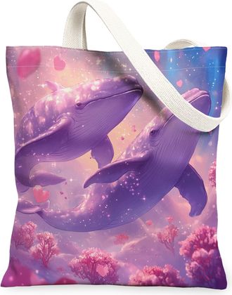 Generic Valentines Day Whale Canvas Tote Bag for Shopping 13x15, Ocean Sea Sealife Love Heart Reusable Grocery Print Pattern Bag for Women, Couple Lover Beach