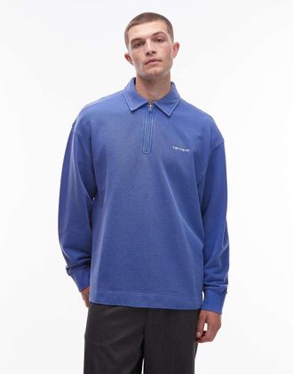 Carhartt Work in Progress Felpa in piqu&eacute; blu pesante con zip corta e scritta