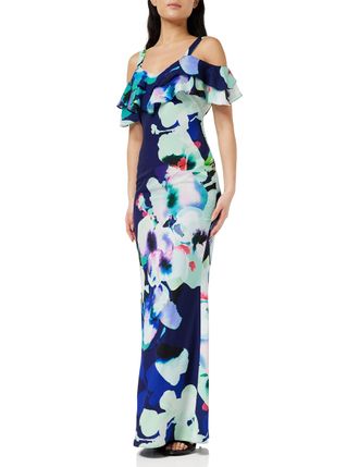 Gina Bacconi Womens Floral Crepe Maxi Dress Cocktail, Navy, 10