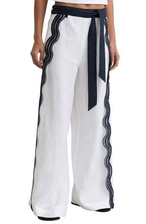 Reiss Farah Embroidered Linen Pants in Ivory/Navy at Nordstrom, Size 8 Us