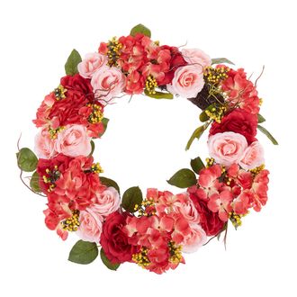 Beliani Corona De Puerta Roja Y Rosa Artificial Decorativa Hecha A Mano Redonda 50 Cm Decoraci&oacute;n De Pared De Mesa Estilo R&uacute;stico Agulo