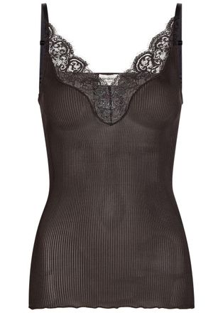 Saint Laurent Lace-trim Ribbed Silk Tank top - Brown - S (UK8-10 / S)