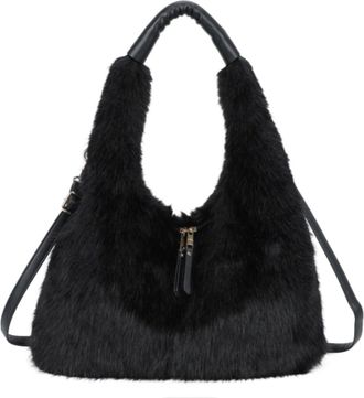 Generic Faux Fur Hobo Shoulder Bag, Plush Fluffy Handbag with Adjustable Straps, Casual Fashion Tote for Women (Black)