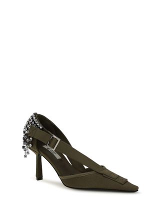 Prada Womens Canvas Pumps With Crystals Militare Cotton High Heel Shoes