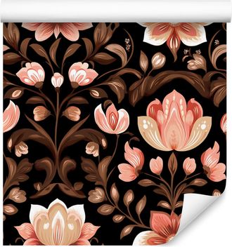 OEM Carta Da Parati Con Bellissimi Fiori Color Ruggine, Nero E Arancione Per Soggiorno E Camera Da Letto 50x1000