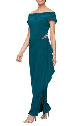 Alex Evenings Embellished Off the Shoulder Column Gown in Deep Teal at Nordstrom, Size 16