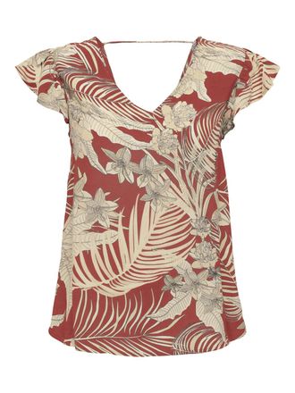 Only V-Shirt ONLY ONLPALINA LIFE SS V-NECK TOP PTM, Damen, Gr. M (38), rot (baked apple aop:lovely palm), Single Jersey, Obermaterial: 100% Viskose, gemust