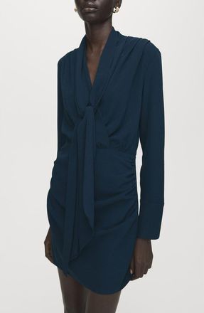 Mango Foulard Drape Long Sleeve Dress in Navy at Nordstrom, Size 10