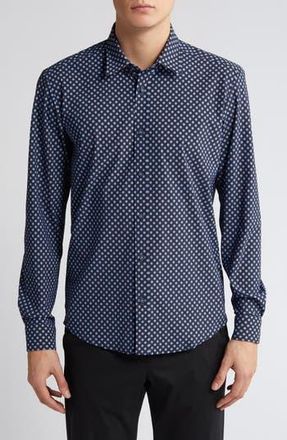 BOSS Liam Regular Fit Geometric Medallion Print Stretch Button-Up Shirt in Nvy at Nordstrom Rack, Size Xx-Large