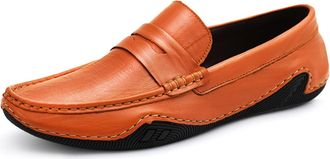 Generic Mens Loafers Light Weight Slip On Penny Loafers Leather Anti-Slip Comfortable Flexible Outdoor Slip-on(Orange,5.5 UK)