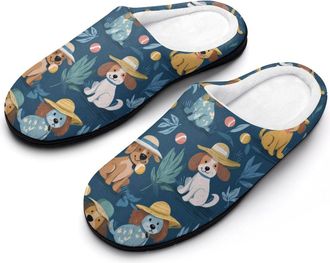 Generic Cute Cartoon Dogs Wearing Hat Mens House Slippers Memory Foam Washable Cotton Slip on Home Shoes