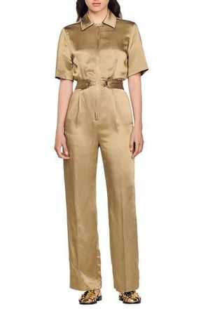 Sandro Sisteron Satin Zip Jumpsuit in Kaki at Nordstrom Rack, Size 2-4 Us / 36 Eu