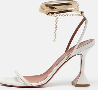 Amina Muaddi White Leather And Chain Ankle Strap Sandals