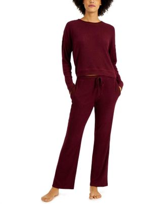 Alfani Womens Ribbed Wide Leg Pajama Set In Port Royale
