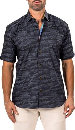 Maceoo Galileo Marthy Short Sleeve Cotton Button-Up Shirt in Black at Nordstrom, Size 4