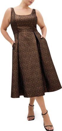 City Chic Rosella Jacquard Fit & Flare Midi Dress in Metallic Bronze at Nordstrom, Size Xxxs