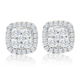 Pompeii3 1Ct T. W. Pave Diamond Cushion Halo Studs 10k Yellow Gold Lab Grown Earrings