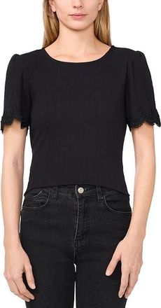 CeCe by Cynthia Steffe Short Sleeve T-Shirts With Lace Sleeve Opening Womens Clothing Rich Black : MD, Cotton/Polyester