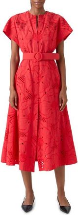 Akris Floral Eyelet Embroidered Belted Cotton Poplin Dress at Nordstrom, Size 10