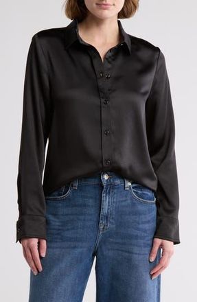 7 For All Mankind Button Front Satin Shirt in Black at Nordstrom Rack, Size Medium