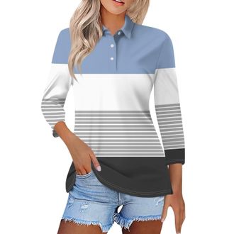 Generic Womens Polo Shirts 3/4 Sleeve Striped Color Block Button Up Golf Tennis Tops Dressy Casual Fitted Business Work T-Shirt(06, XXL) Bluse Damen wei&szlig;