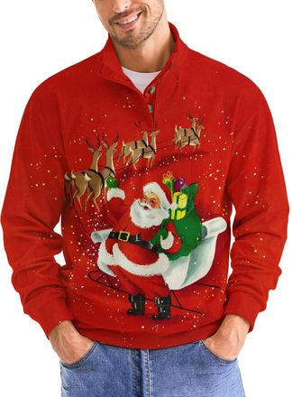 Generic Christmas Sweatshirts for Men Fashion Xmas Graphic Print Long Sleeve Sweatshirt Stand Collar Button Slim Pullover Tops