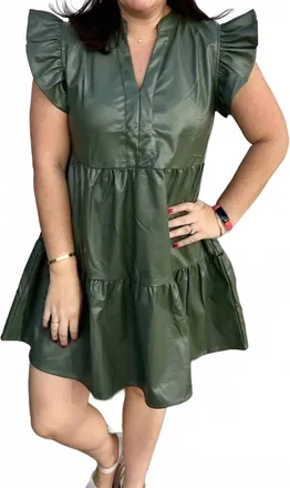Entro V-Neck Short Sleeve Tiered Midi Dress In Olive