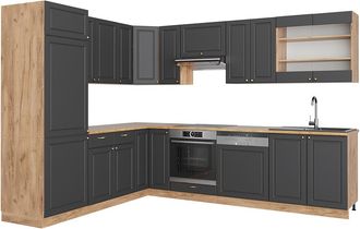 Vicco Cocina Esquinera Fame-line, Antracita Casa De Campo/roble Kraft Dorado, 227 X 60 Cm Sin Encimera