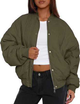 PrettyGarden Womens Quilted Bomber Jacket Lightweight Cropped Zip up Outerwear 2025 Fashion Winter Puffer Coats with Pockets, Army Green, XL
