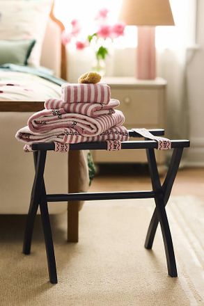 Anthropologie Embroidered Painted Wood Strap Luggage Rack