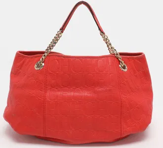 Carolina Herrera Red Monogram Embossed Leather Chain Handle Tote
