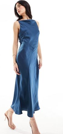 Asos Vestito midi in raso blu scuro con scollo squadrato e scollo ad anello sul retro-Multicolore