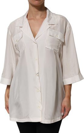 Dolce & Gabbana Womens White Silk Collared 3-4 Sleeves Blouse Top