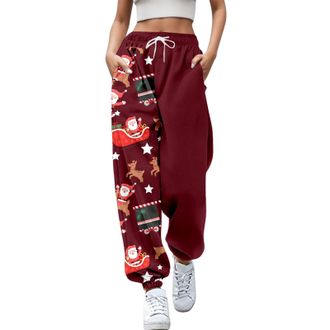 Generic Womens Christmas Joggers Funny Graphic Printed Holiday Sweatpants Elastic High Waist Trousers Loose Xmas Drawstring Jogging Pants Ladies Walking Runni