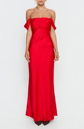 Princess Polly Azura Off the Shoulder Satin Gown in Red at Nordstrom, Size 10