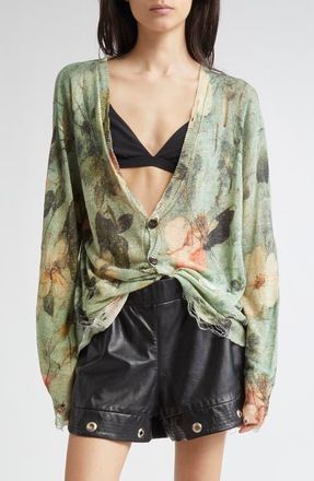 R13 Ripped Floral Linen Cardigan in Turquoise Floral at Nordstrom, Size X-Small