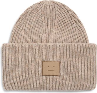 Acne Studios Pansy Face Patch Wool & Yak Hair Blend Beanie in Greige Melange at Nordstrom