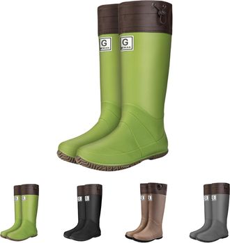 Generic Womens Foldable Mid Calf Wellies Rain Boots-Rubber Boot with Adjustable Cuff Drawtring Anti Slip Wellington Boots Full Length Knee High for Festival &