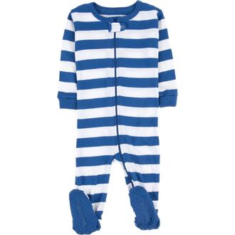 Leveret Footed Striped Cotton Matching Family Pajamas in Blue & White at Nordstrom, Size 12-18M