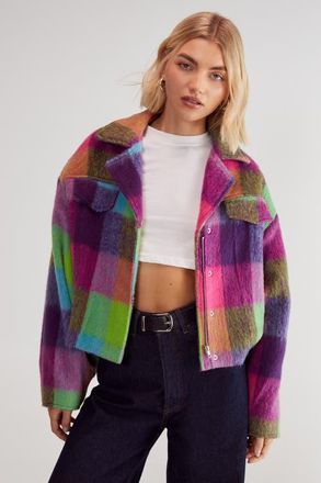 NASTY GAL Check Wool Blend Trucker Jacket in Multi at Nordstrom, Size 6