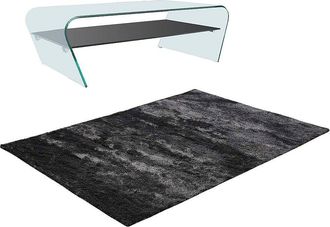 Vente-Unique Conjunto mesa de centro transparente y negro KELLY y alfombra shaggy antracita DOLCE