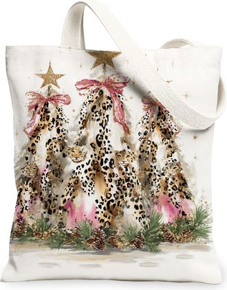 Generic Christmas Leopard Canvas Tote Bags, Animal Tree Pattern Reusable Grocery Bags, Winter Vintage Lightweight Washable Shoulder, White, 13x15 Inch