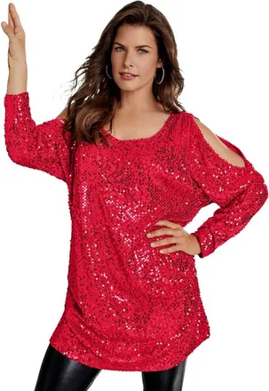 Roaman's Cold-Shoulder Sequin Tunic in Vivid Red at Nordstrom, Size 32