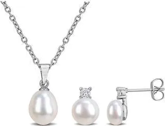 Delmar Cubic Zirconia & Cultured Pearl Pendant Necklace & Stud Earrings Set in Silver at Nordstrom Rack