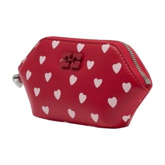 Ganni Heart-Embroidered Lambskin Coin Purse - Red