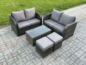Fimous Rattan Garden Furniture Set 6 Seater Patio Outdoor Lounge Sofa Set with Rectangular Coffee Table 2 Small Footstools in Dark Grey