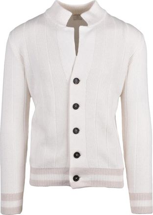 Eleventy White Ribbed Notched Collar Cashmere Cardigan